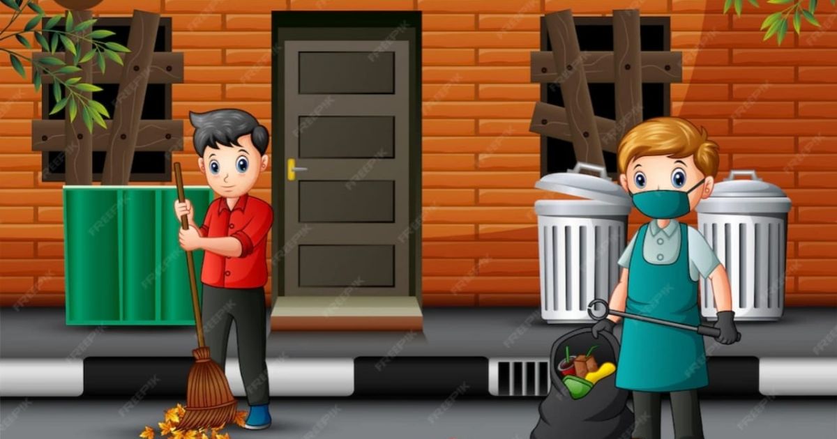 Ilustrasi petugas penjaga sekolah sedang mwmbersihkan halaman sekolah