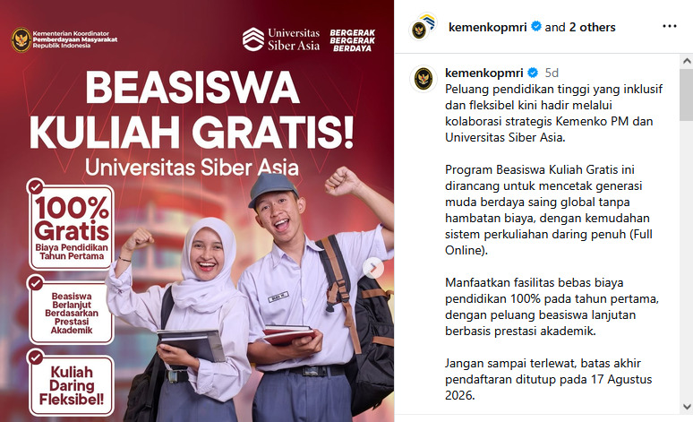 Peluang Emas Pendidikan Tinggi Gratis: Universitas Siber Asia Buka Pintu Seleksi